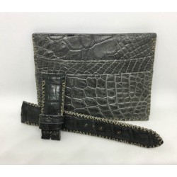 IWC Curved Lug Grey Gator w/ Grey Tribal Stitch & Card Wallet